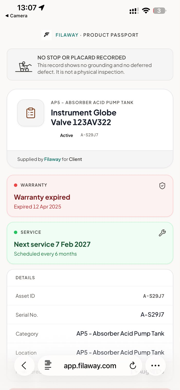 Filaway product passport for Instrument Globe Valve 123AV322 showing its identity, warranty and next service date