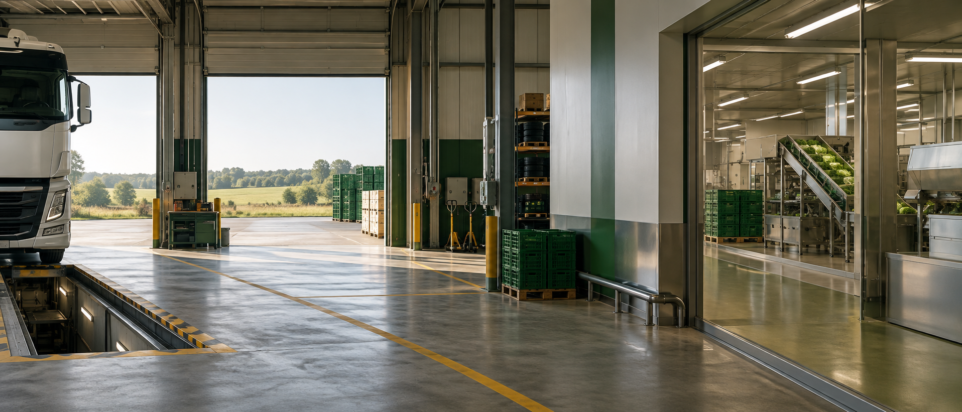 Logistics depot and food-processing spaces within a connected industrial setting